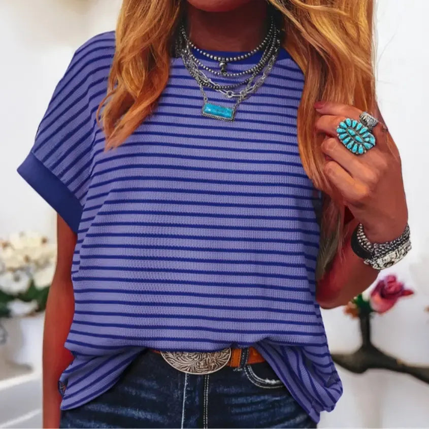 Women's Striped Ribbed Knit Drop Shoulder T-Shirt