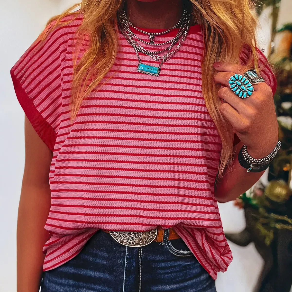 Women's Striped Ribbed Knit Drop Shoulder T-Shirt