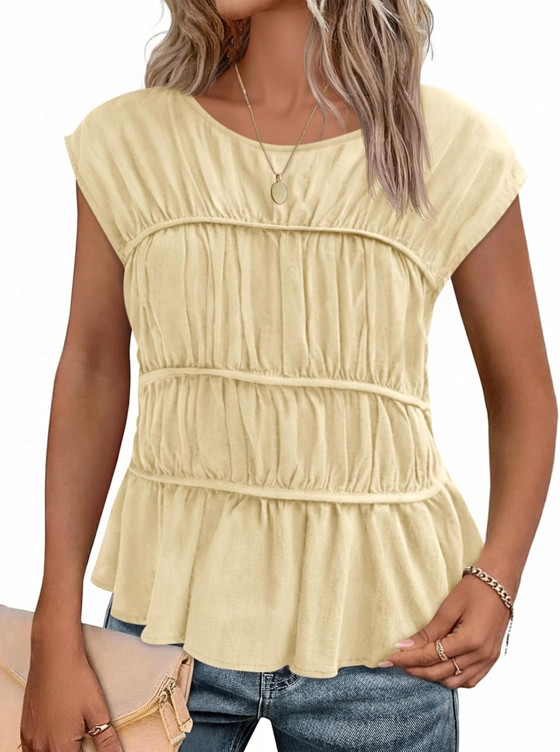 Final Day – Season Sale! 🔥 2026 Women Cap Sleeve Smocked Peplum Babydoll Blouse Crew Neck Pleated Casual Top