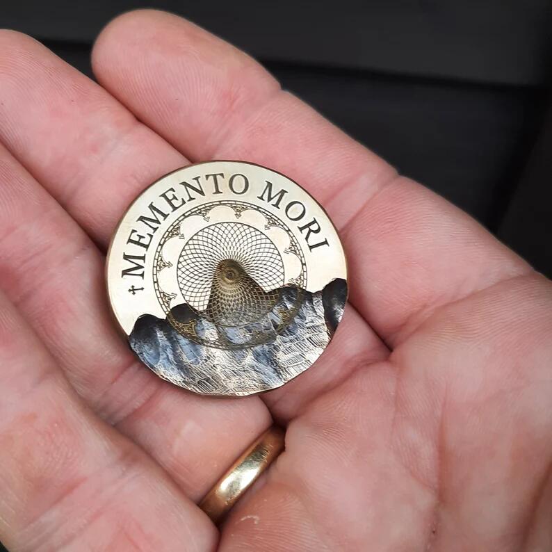 Memento Mori EDC pocket coin with vintage clock