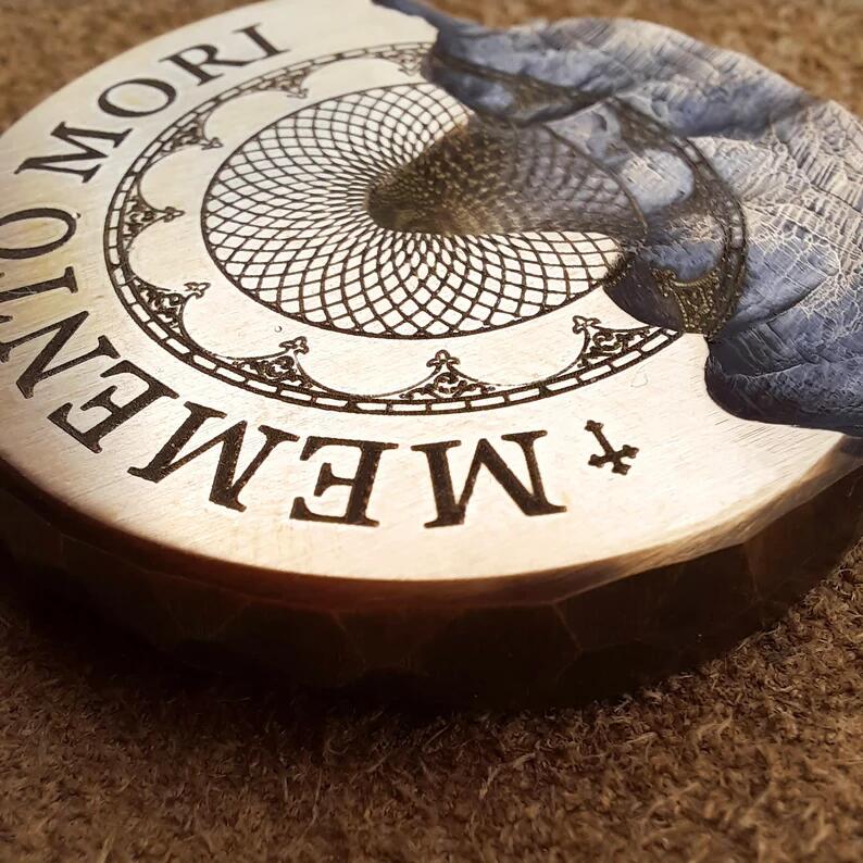 Memento Mori EDC pocket coin with vintage clock