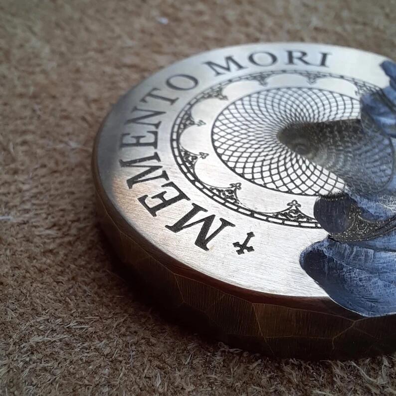 Memento Mori EDC pocket coin with vintage clock
