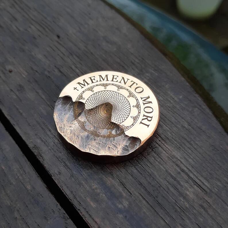Memento Mori EDC pocket coin with vintage clock
