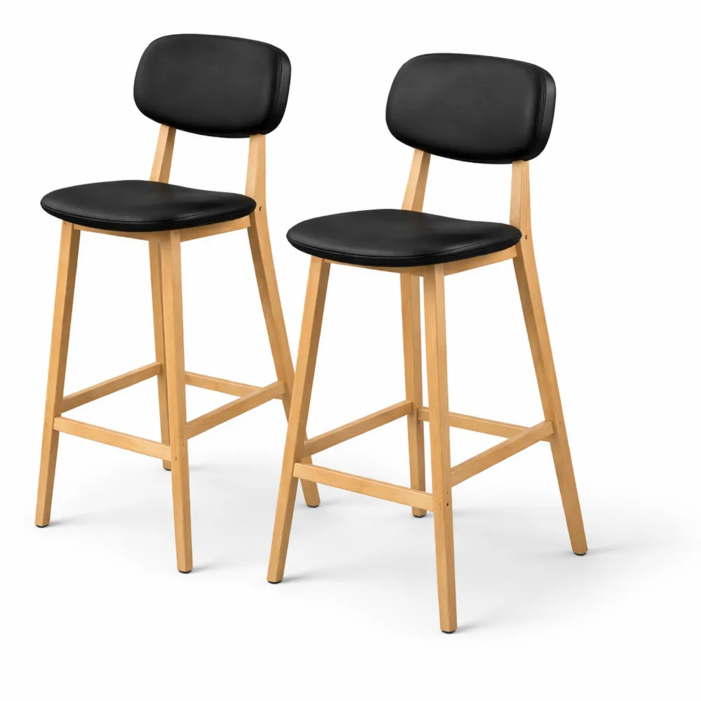 Tabourets de bar modernes avec dossier et repose-pieds, assise en cuir synthétique, hauteur 65 cm, noir