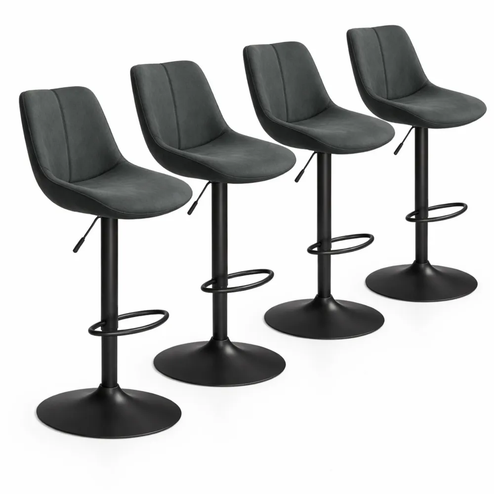 Ensemble de 4 tabourets de bar pivotants et réglables, dossier ergonomique, revêtement en velours, base métallique, gris anthracite