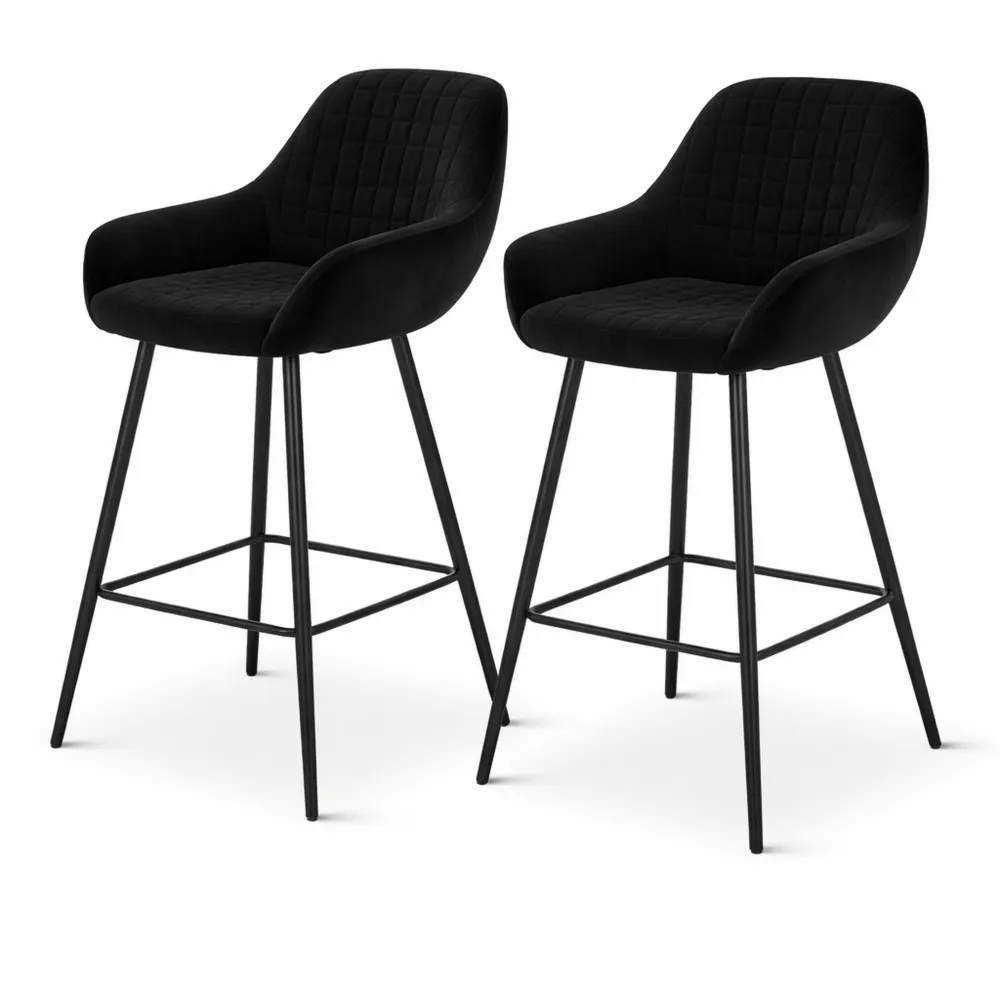 Lot de 2 tabourets de bar en velours noir, hauteur 64 cm