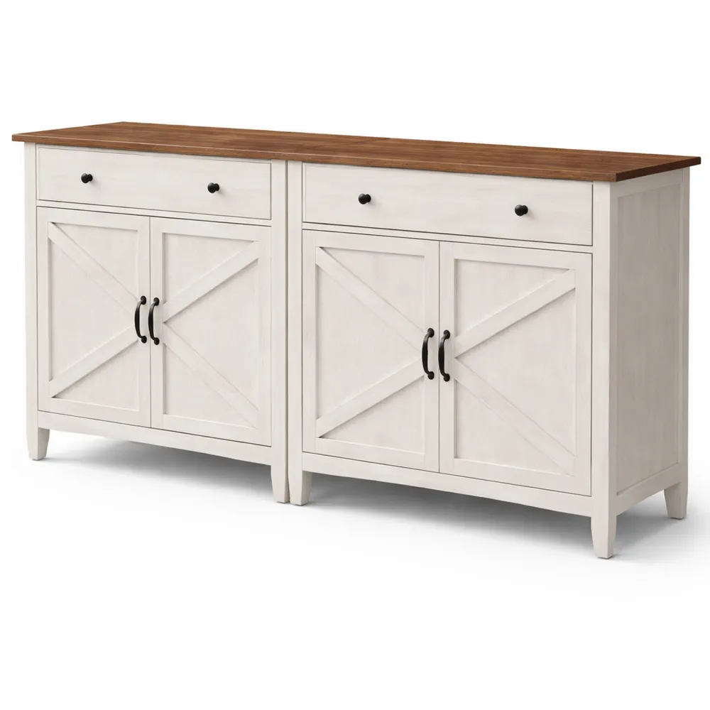 Buffet 2 pièces avec tiroir et étagère réglable en style campagne pour cuisine et salle à manger, blanc rustique et marron miel, 40 x 80 x 80 cm