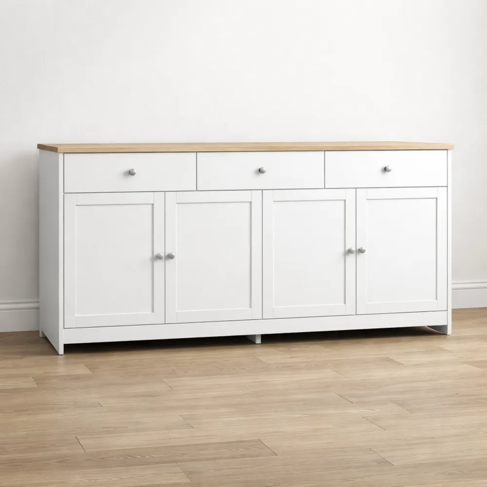 Buffet moderne bois et blanc avec tiroirs et portes