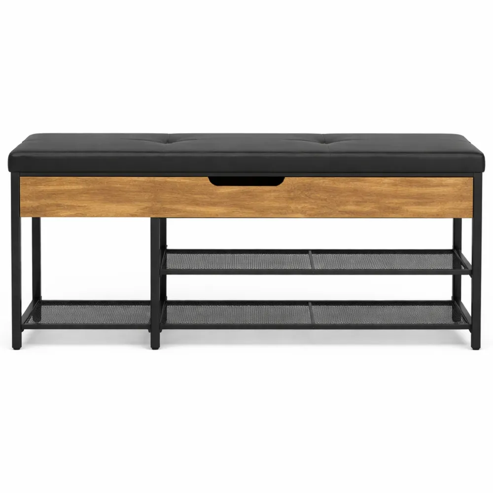 Banc de rangement à chaussures avec étagère réglable et coussin, style industriel, pour entrée ou chambre