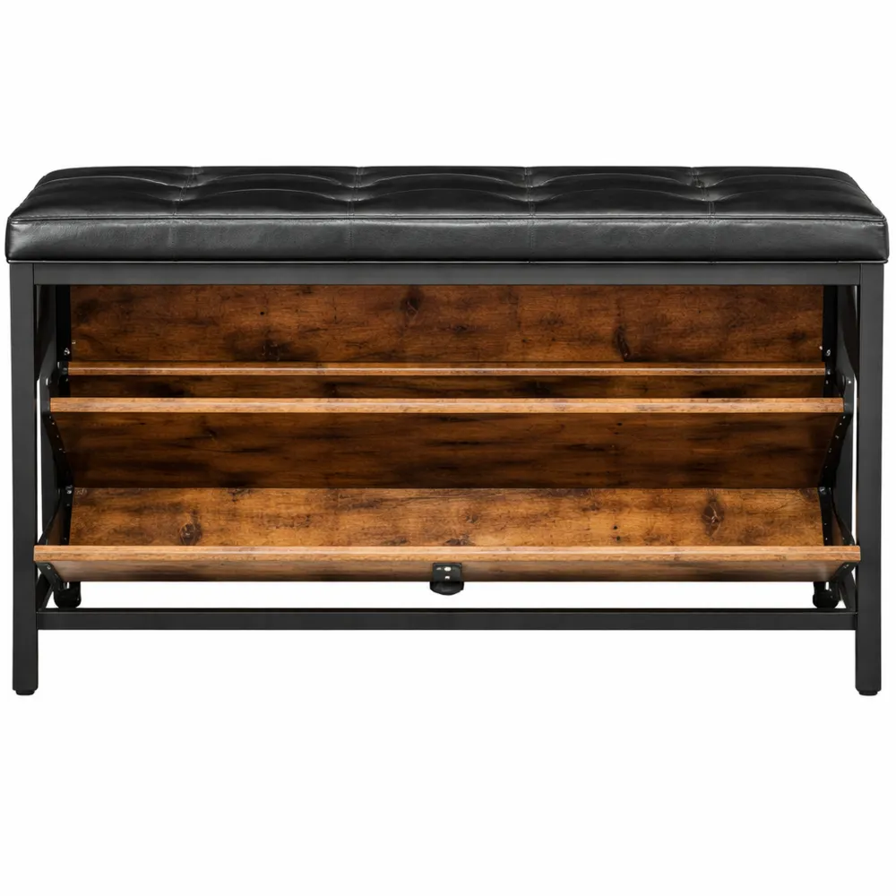 Banc de Rangement pour Chaussures avec Siège Rembourré et Tiroir Pivotant, pour 6 Paires, Design Industriel, Marron et Noir