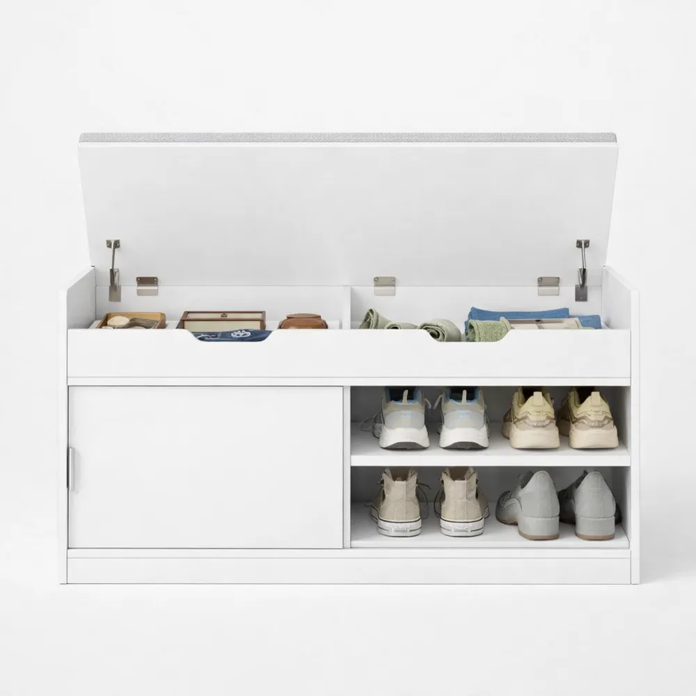 Banc à Chaussures avec Siège et Espace de Rangement, pour Salon ou Entrée, Blanc, 40 x 110 x 50,5 cm