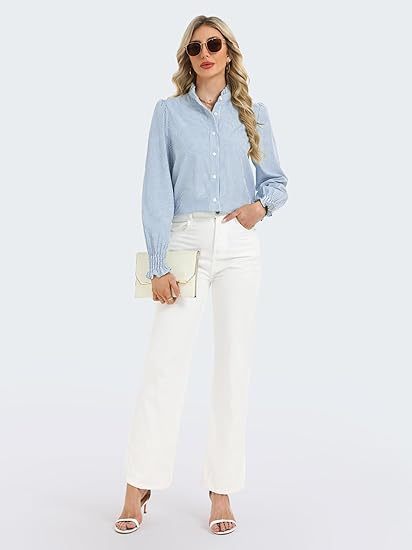 Funlingo Women's Striped Button Down Shirts Long Sleeve Smocked Cuffed Ruffle Collar Blouses Spring Work Business Casual Tops