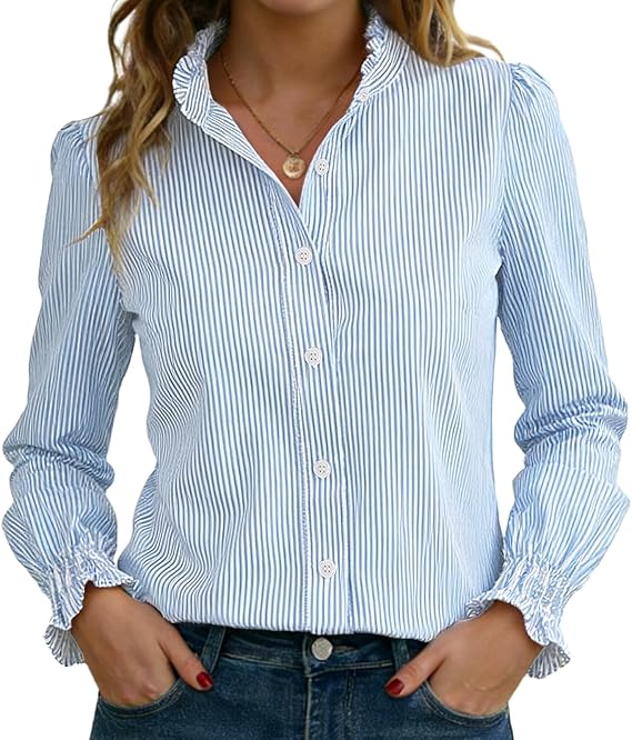 Funlingo Women's Striped Button Down Shirts Long Sleeve Smocked Cuffed Ruffle Collar Blouses Spring Work Business Casual Tops