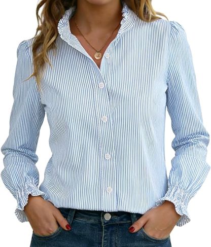 Funlingo Women's Striped Button Down Shirts Long Sleeve Smocked Cuffed Ruffle Collar Blouses Spring Work Business Casual Tops