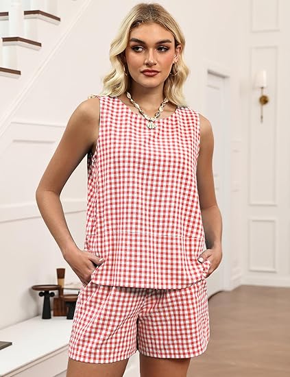 LOMON Women's Trendy 2 Piece Outfits Shorts Sets Summer Crew Neck Sleeveless Tank Top and Bottom Matching with Pockets 2026