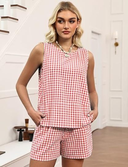 LOMON Women's Trendy 2 Piece Outfits Shorts Sets Summer Crew Neck Sleeveless Tank Top and Bottom Matching with Pockets 2026