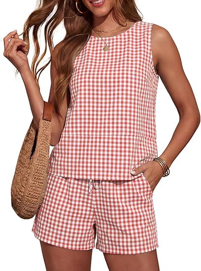 LOMON Women's Trendy 2 Piece Outfits Shorts Sets Summer Crew Neck Sleeveless Tank Top and Bottom Matching with Pockets 2026