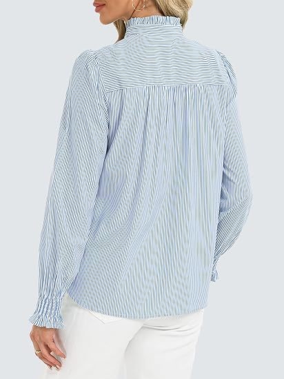 Funlingo Women's Striped Button Down Shirts Long Sleeve Smocked Cuffed Ruffle Collar Blouses Spring Work Business Casual Tops