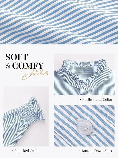 Funlingo Women's Striped Button Down Shirts Long Sleeve Smocked Cuffed Ruffle Collar Blouses Spring Work Business Casual Tops