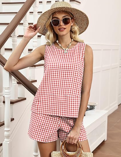 LOMON Women's Trendy 2 Piece Outfits Shorts Sets Summer Crew Neck Sleeveless Tank Top and Bottom Matching with Pockets 2026