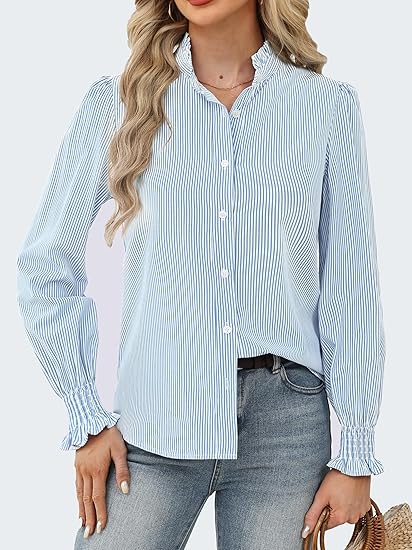 Funlingo Women's Striped Button Down Shirts Long Sleeve Smocked Cuffed Ruffle Collar Blouses Spring Work Business Casual Tops