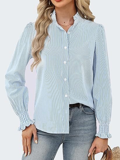 Funlingo Women's Striped Button Down Shirts Long Sleeve Smocked Cuffed Ruffle Collar Blouses Spring Work Business Casual Tops