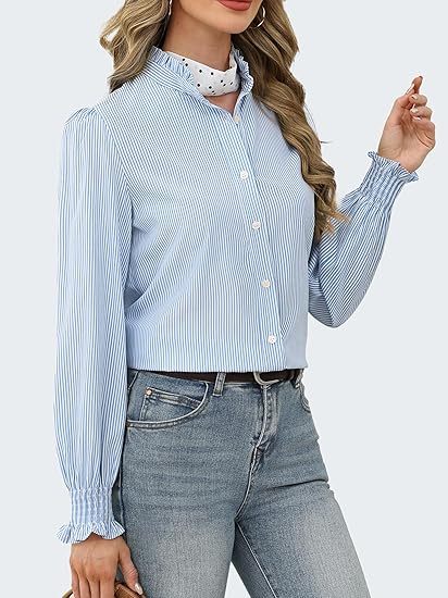 Funlingo Women's Striped Button Down Shirts Long Sleeve Smocked Cuffed Ruffle Collar Blouses Spring Work Business Casual Tops