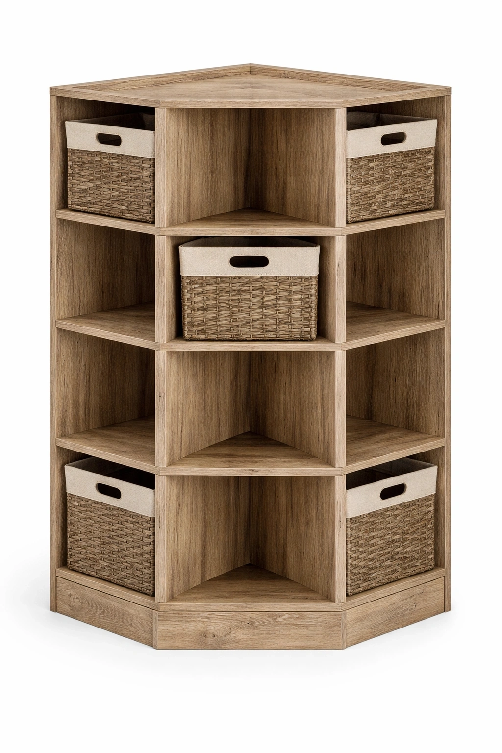 Étagère d’angle bois naturel rangement modulable avec paniers tressés- Rovirox