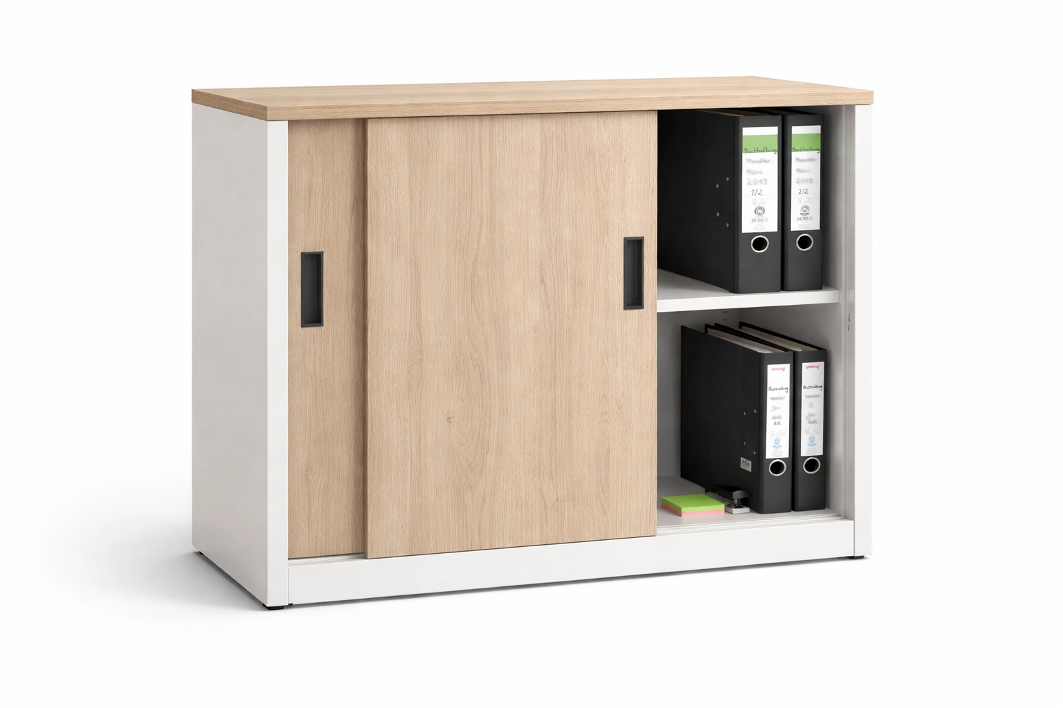 Armoire basse coulissante bois clair blanc rangement bureau moderne- Rovirox