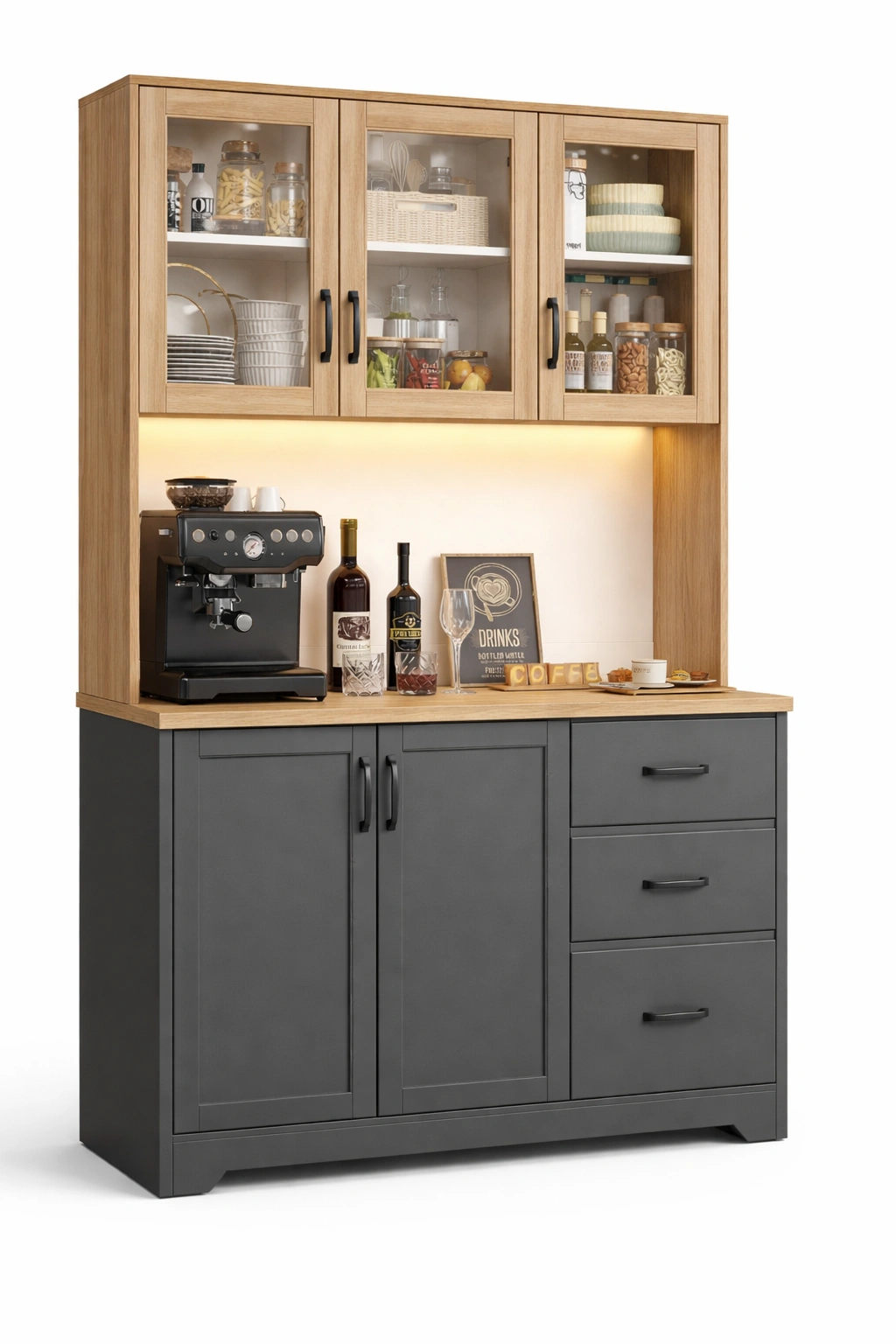 Buffet cuisine bois naturel gris avec vitrine rangement vaisselle moderne- Rovirox