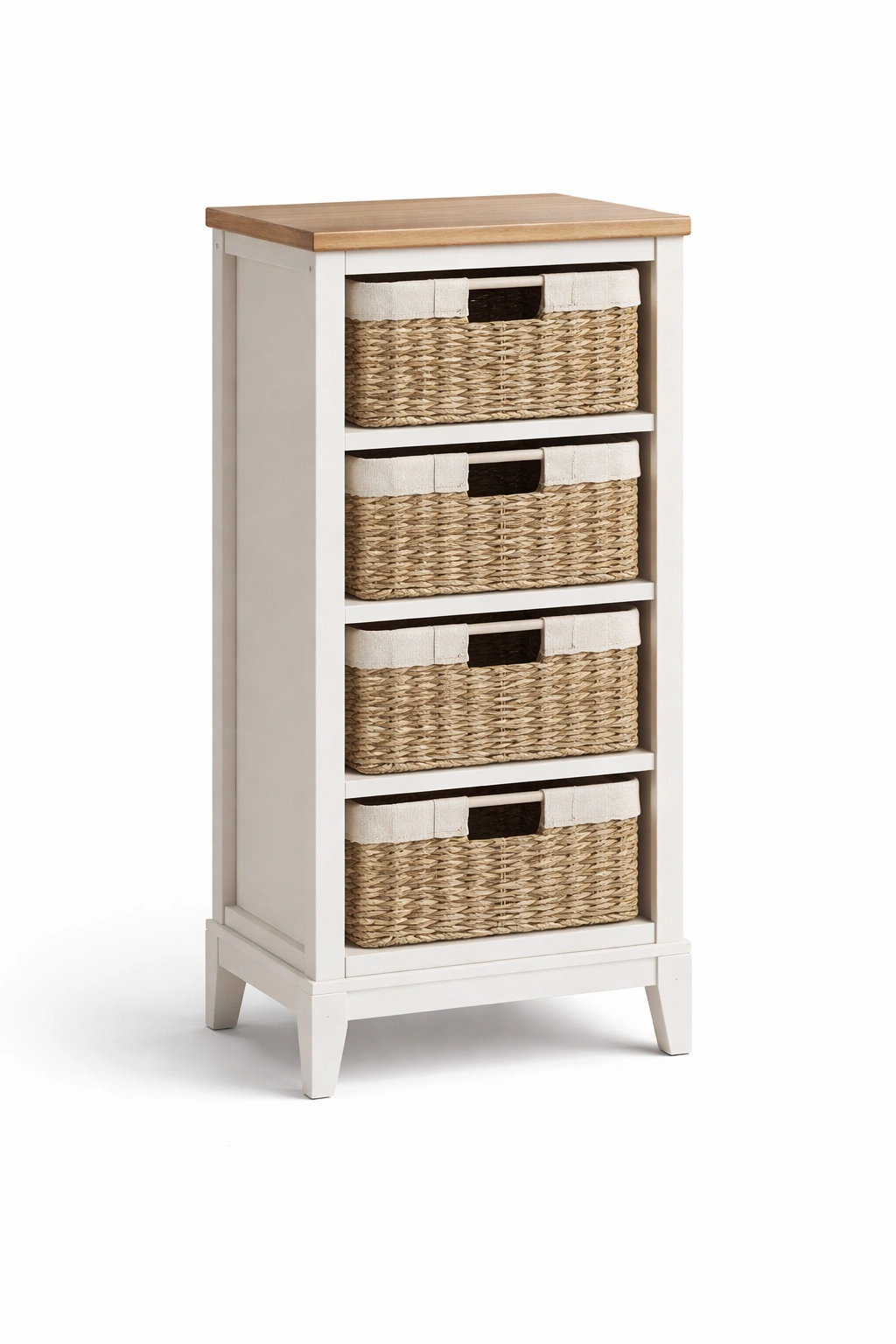 Commode étroite blanche bois avec paniers tressés rangement maison- Rovirox