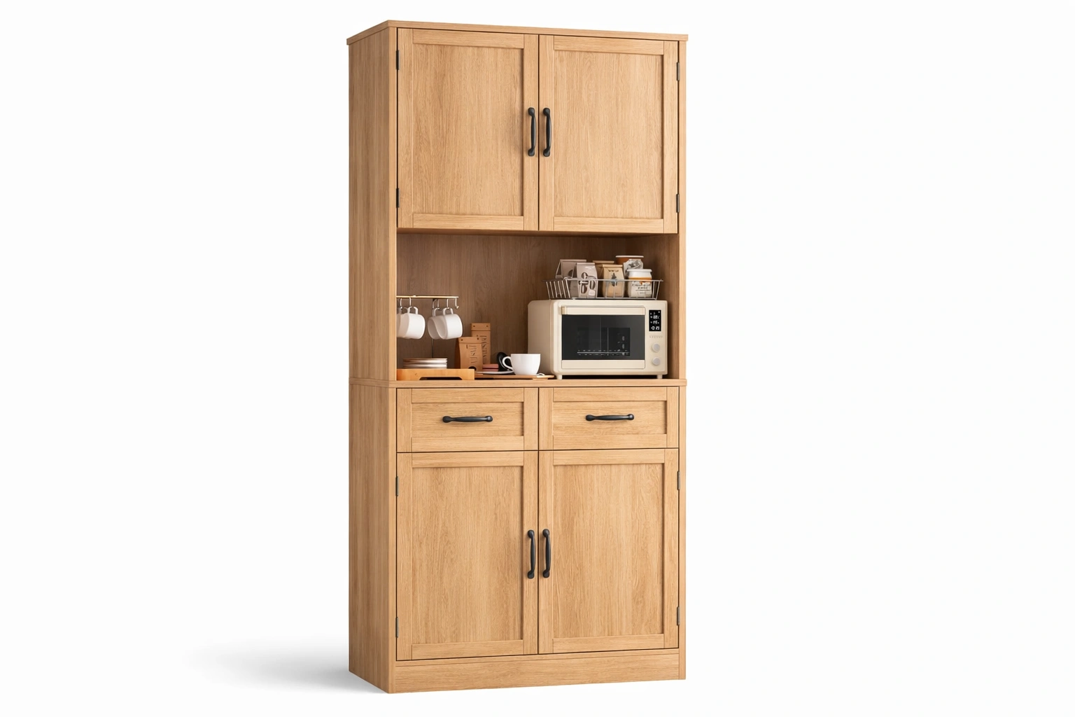 Armoire cuisine bois naturel rangement avec tiroirs et compartiments- Rovirox