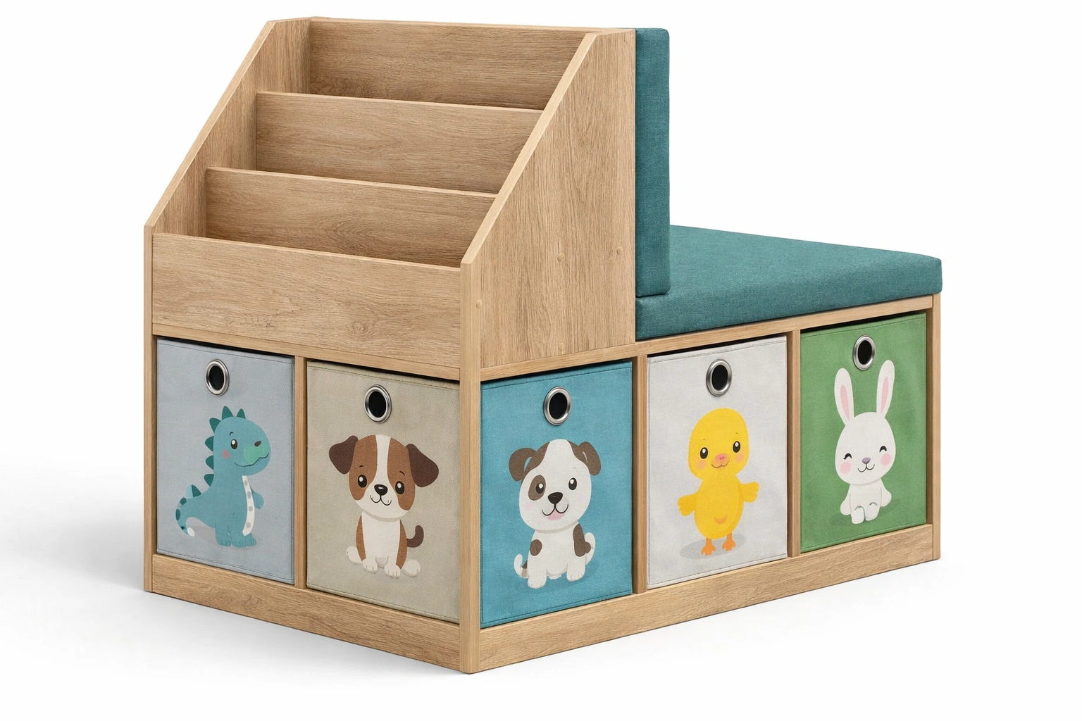 Banc rangement enfants bois avec coussin et bacs imprimés animaux- Rovirox