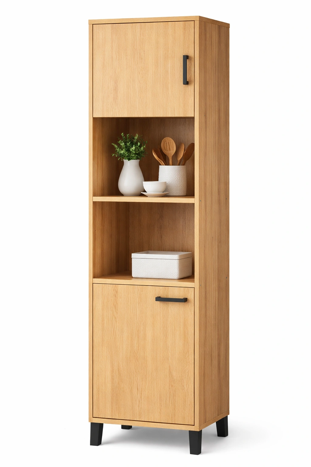 Armoire colonne bois clair rangement cuisine avec étagères et portes- Rovirox