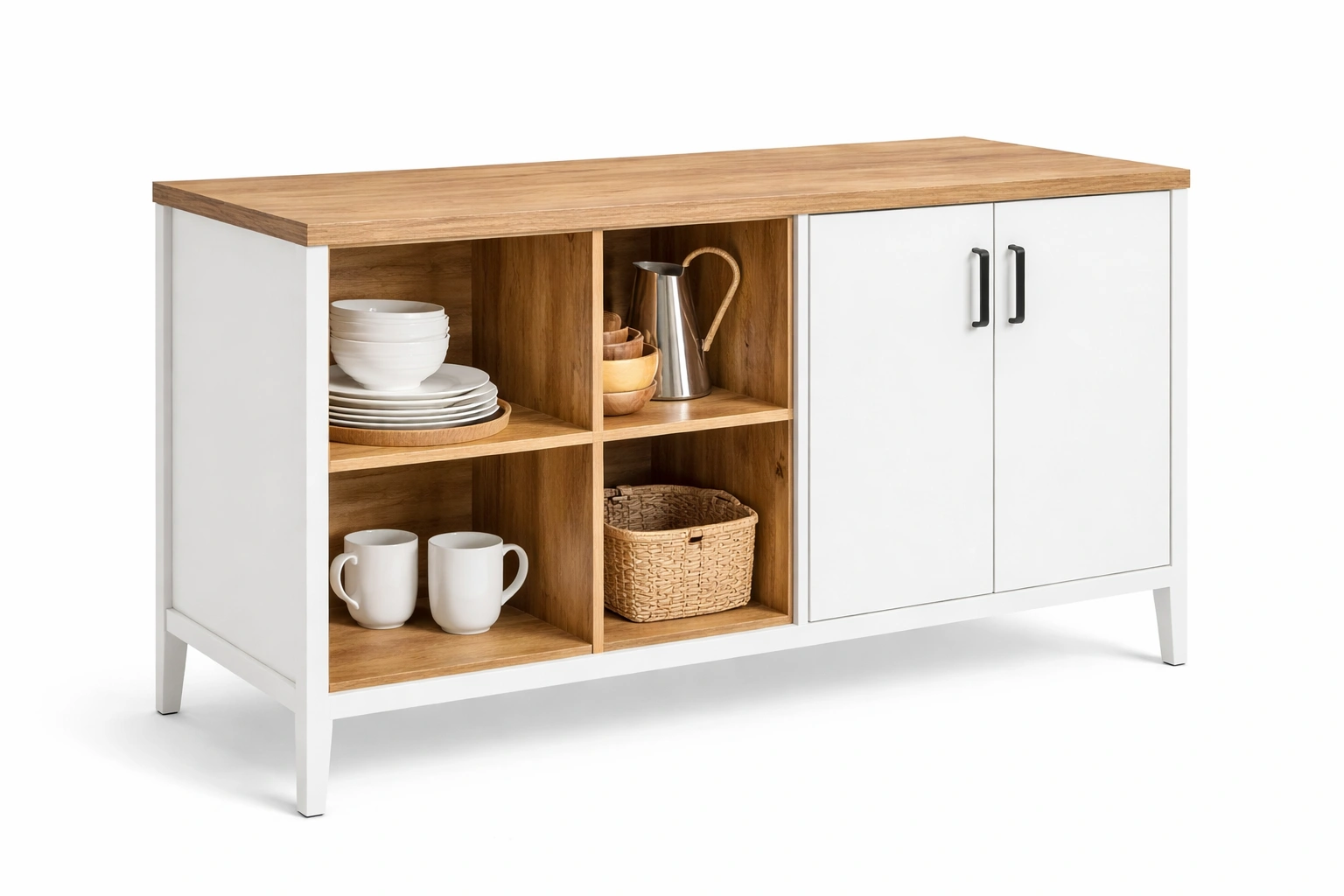 Buffet bas bois clair blanc rangement cuisine avec compartiments- Rovirox