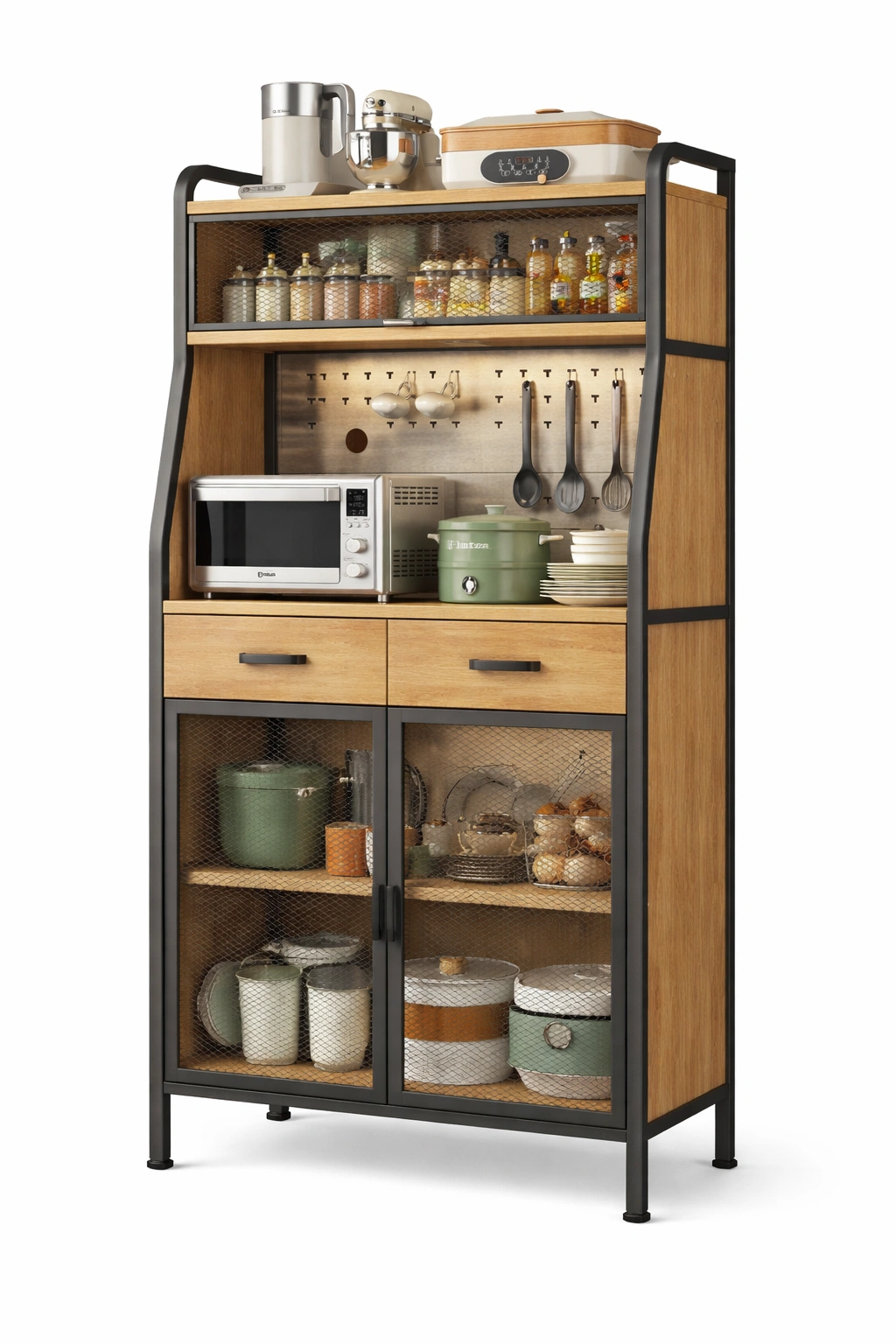 Étagère cuisine bois métal rangement multifonction avec portes grillagées- Rovirox