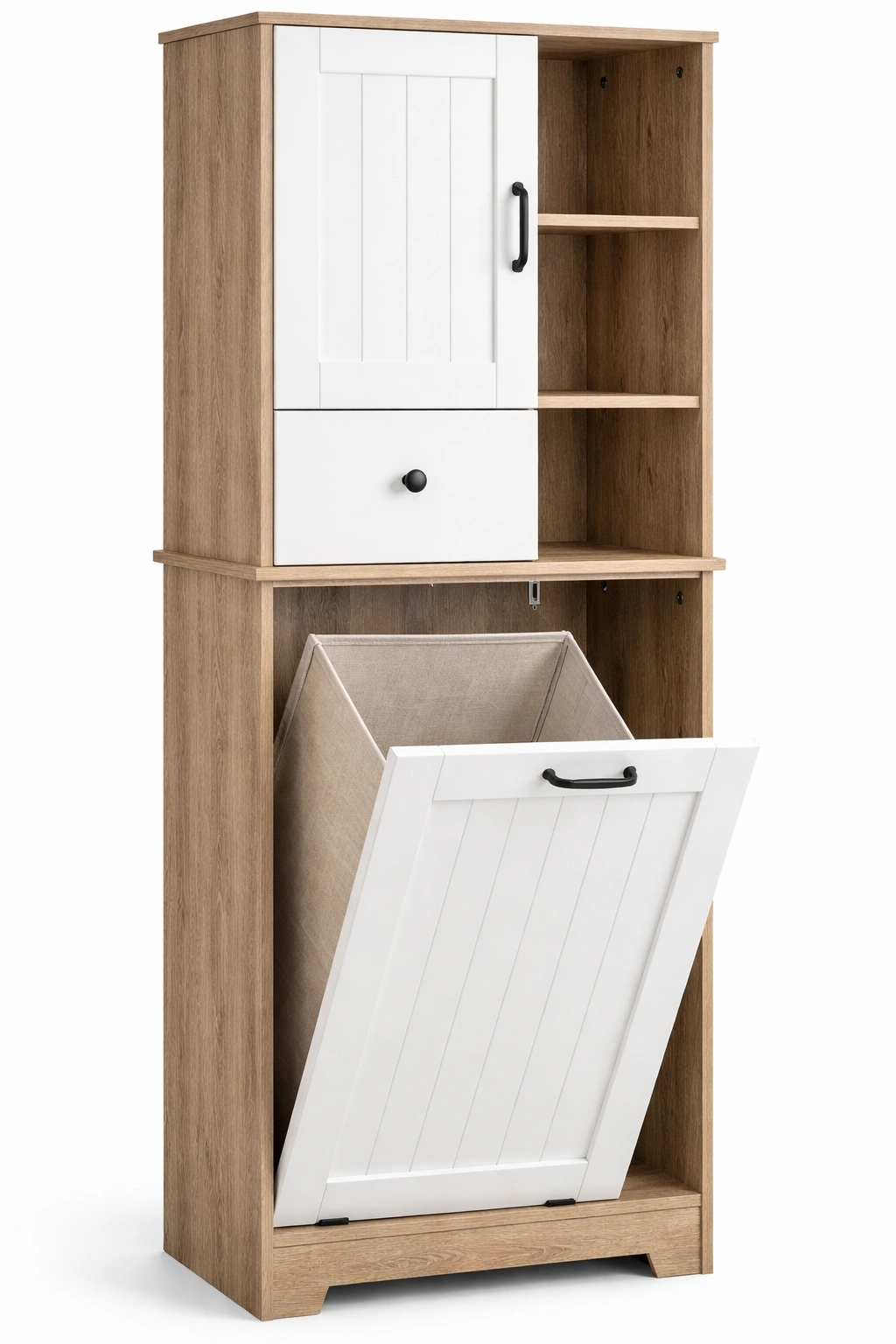 Armoire linge bois clair blanc avec panier basculant rangement maison- Rovirox