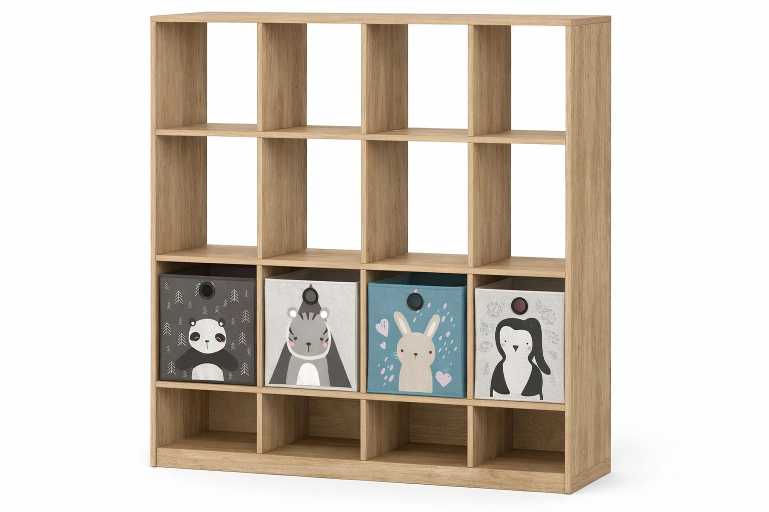 Étagère cube bois clair rangement avec cases ouvertes et bacs décorés- Rovirox