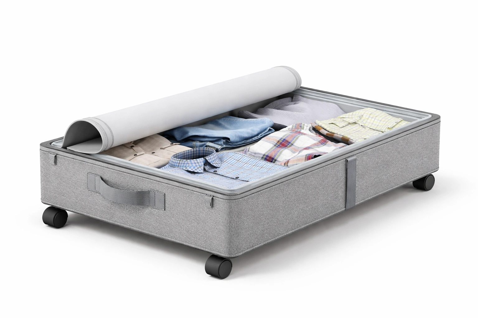 Boîte rangement sous lit gris avec roulettes compartiments textile- Rovirox