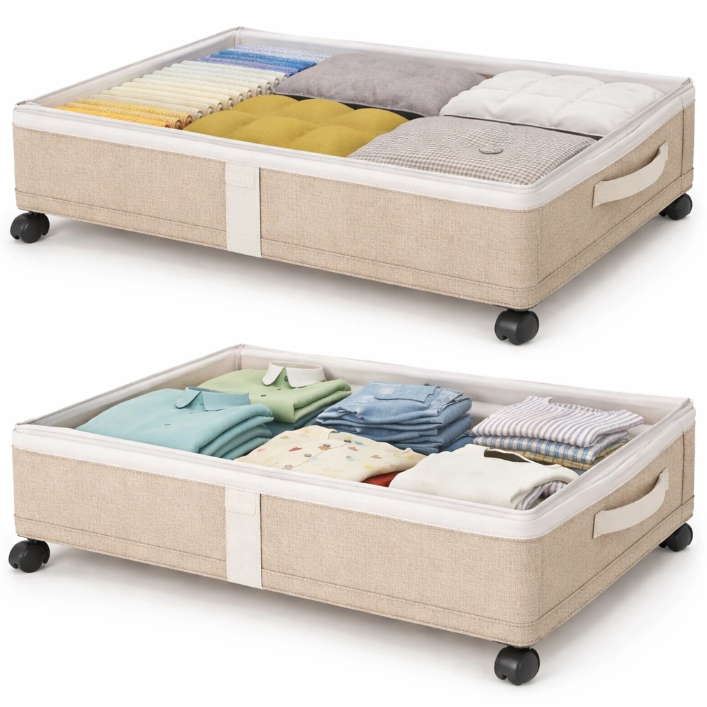 Boîte rangement sous lit beige roulettes compartiments textile maison- Rovirox