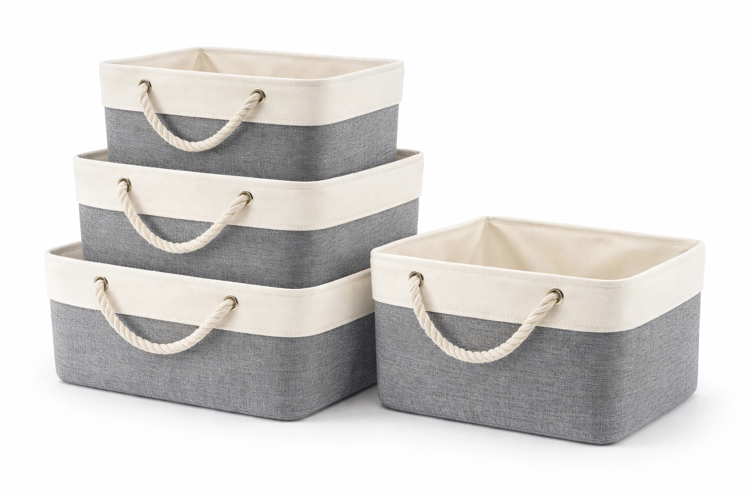 Panier rangement tissu gris avec poignées corde set organisation maison- Rovirox