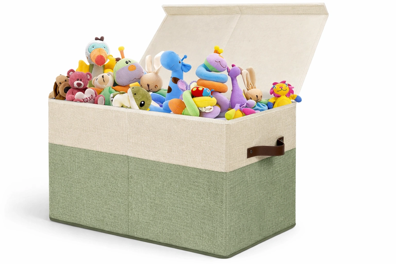 Boîte rangement jouets tissu vert avec couvercle compartiment intérieur- Rovirox