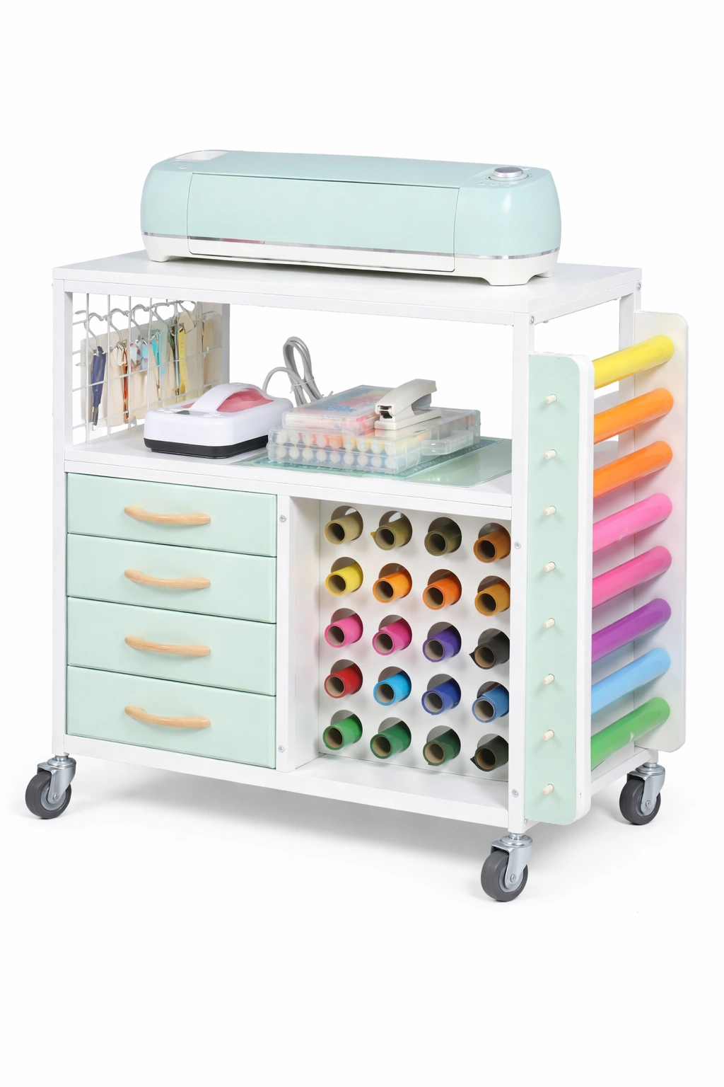 Meuble rangement roulettes blanc tiroirs support rouleaux atelier- Rovirox