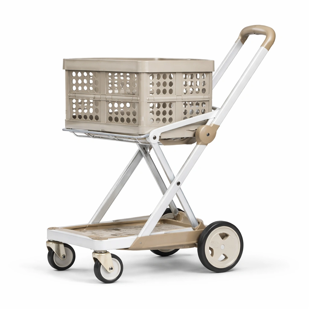 Chariot pliable panier beige roulettes transport courses léger- Rovirox