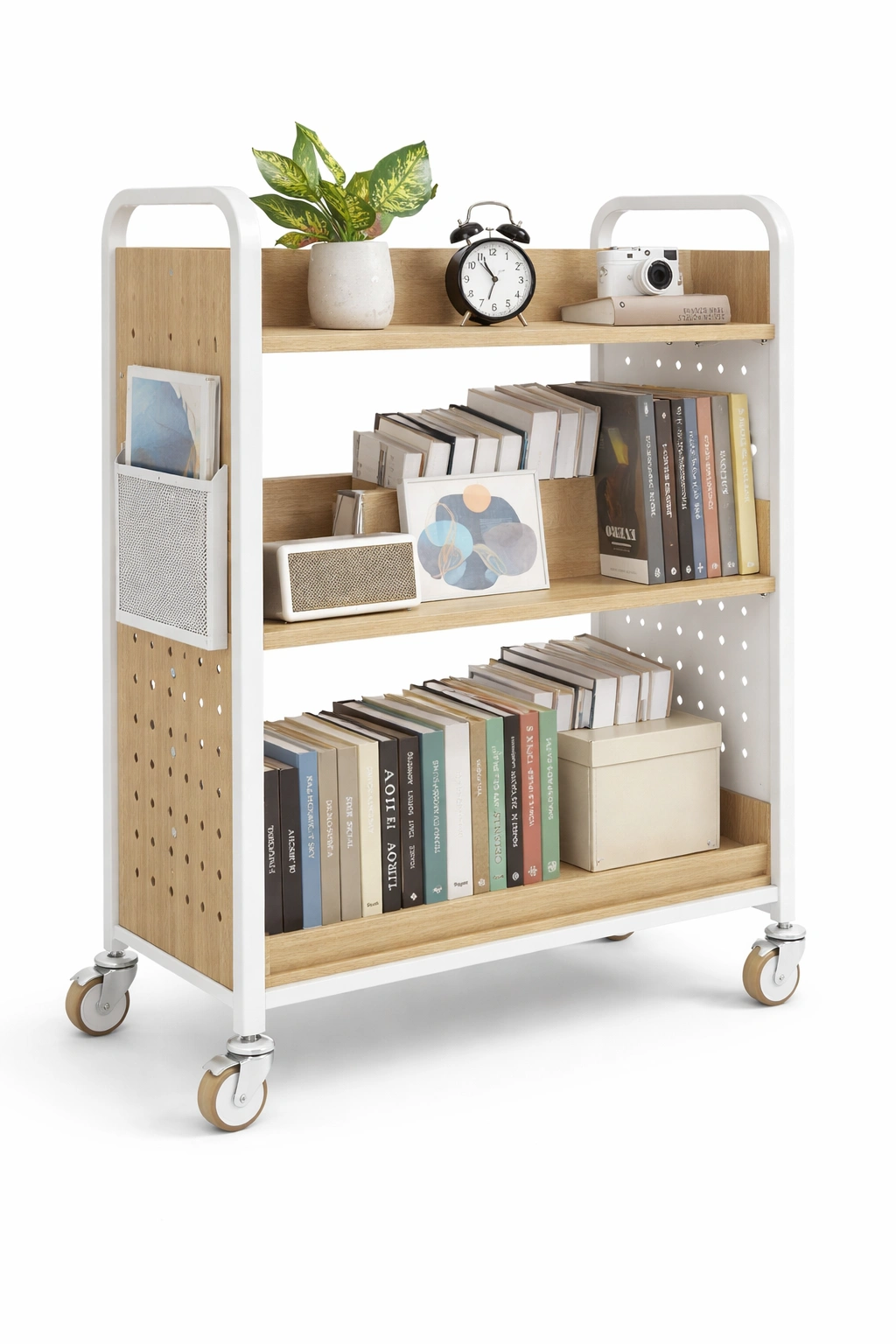 Bibliothèque mobile bois clair étagères roulettes rangement livres- Rovirox