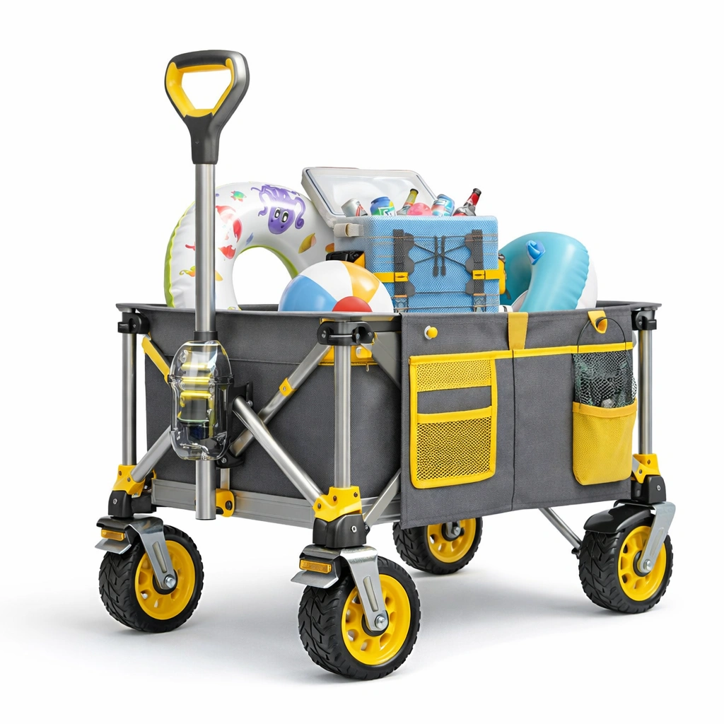 Chariot pliable tissu gris roues larges transport loisirs extérieur- Rovirox