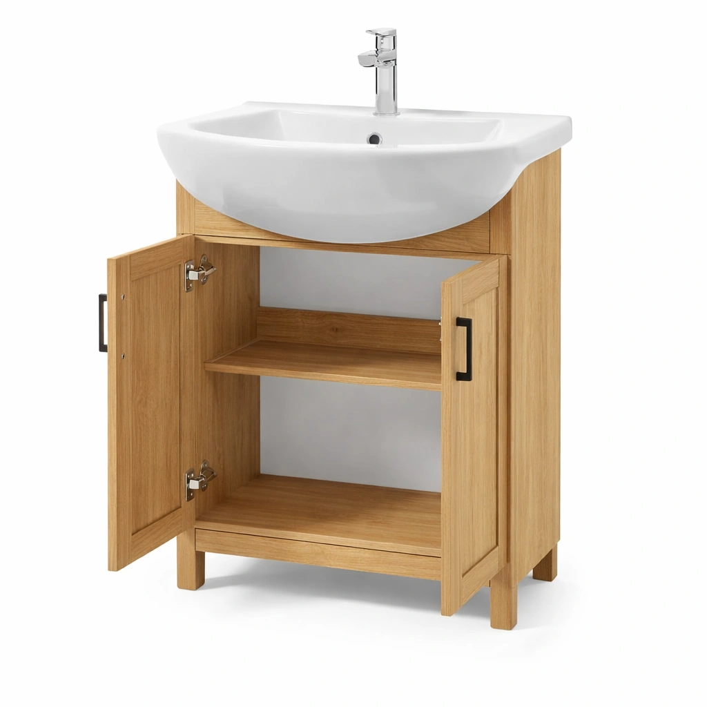 Meuble lavabo bois clair porte double rangement salle bain- Rovirox