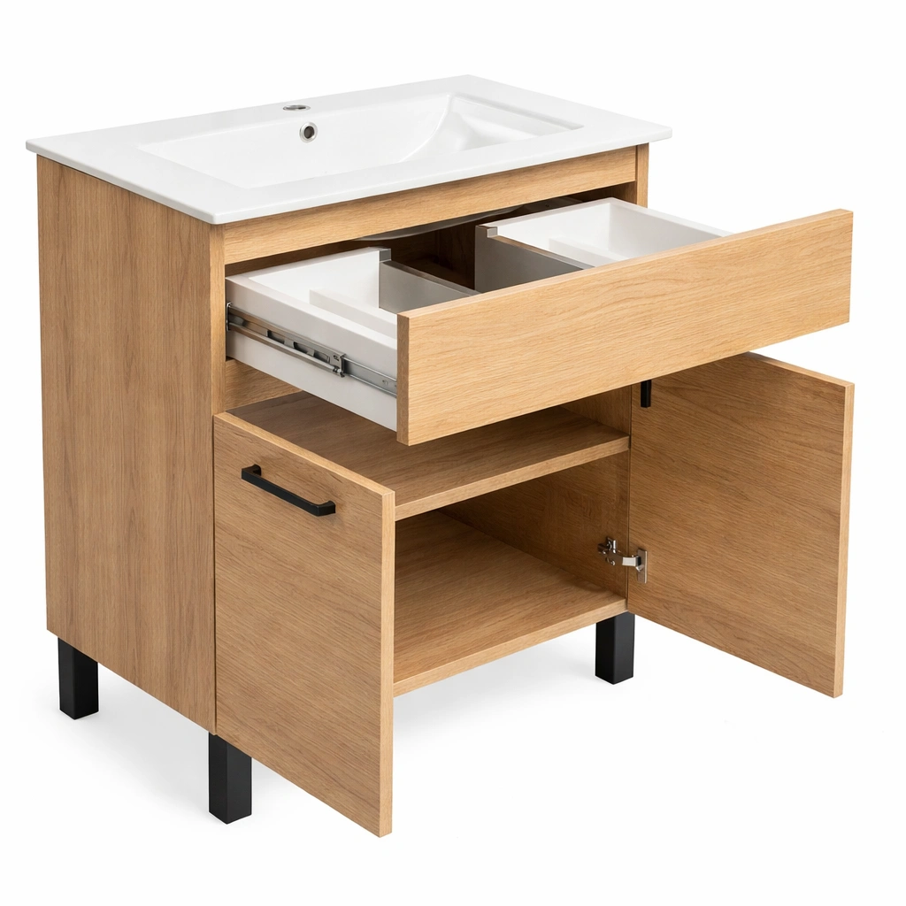 Meuble lavabo bois tiroir rangement étagère salle bain moderne- Rovirox