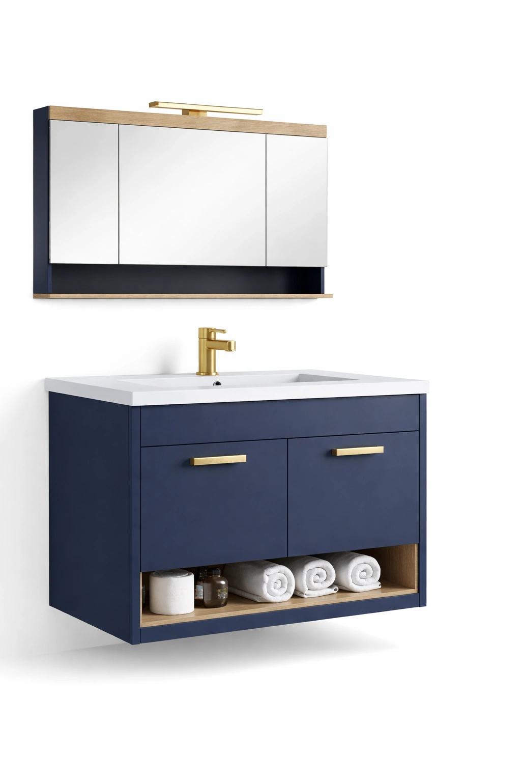 Meuble salle bain bleu meuble miroir étagère rangement complet- Rovirox