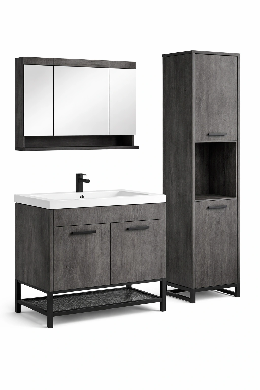Meuble salle bain gris ensemble colonne armoire rangement complet- Rovirox